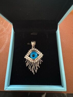 Sterling Silver (925) Eye Pendant with Blue Evil Eye Accent